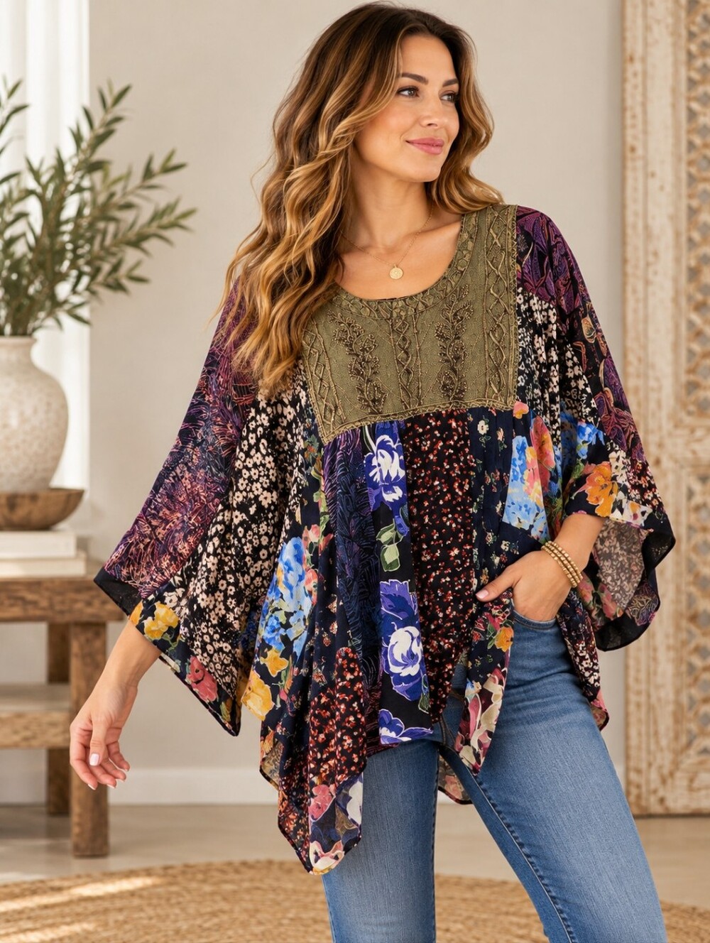 596.Bohemian Floral Patchwork Flowing Tunic Top - Olive & Multi